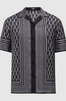 Черная рубашка из шелка в принт V Greca