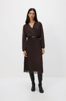 Reserved - Плісирована сукня з поясом - темно коричневий - 922GA-89X