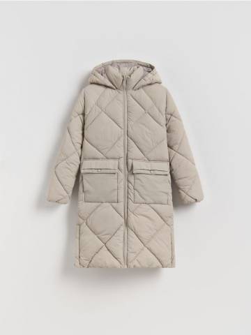 Reserved - Довге стьобане пальто з капюшоном - бежевий - 246EX-08X