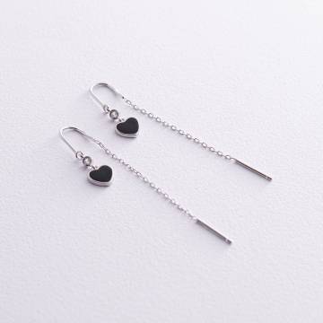 Серебряные серьги - протяжки "Сердечки" (эмаль, фианиты) 123287 Серебряные серьги - протяжки "Сердечки" (эмаль, фианиты) 123287
