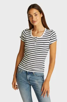 Женская белая футболка в полоску TJW SLIM BUTTON RIB C-NECK SS Белый XS Tommy Jeans DW0DW19502