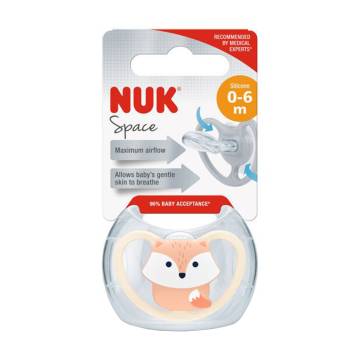 Силиконовая ортодонтическая пустышка NUK Space с рождения до 6 месяцев, лисичка, 1 шт (3952603)