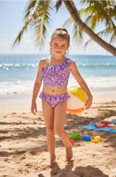 Двокомпонентний купальник з єдинорогами та рюшами - фіолетовий