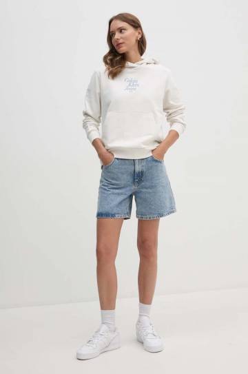 Хлопковая кофта Calvin Klein Jeans женская цвет бежевый с капюшоном с аппликацией J20J224893 Хлопковая кофта Calvin Klein Jeans женская цвет бежевый с капюшоном с аппликацией J20J224893