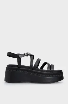 Женские черные кожаные босоножки TJW STRAPPY WEDGE SANDAL Черный 40 Tommy Jeans EN0EN02516