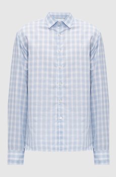 Голубая рубашка с льном в клетку