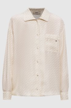 Бежевая блуза из шелка в брендовый принт