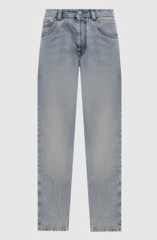 Голубые джинсы мом с эффектом потертости
