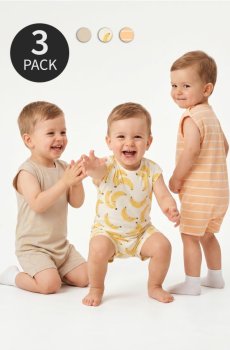 Бавовняні ромпери з мотивом бананів 3 pack - кремовий