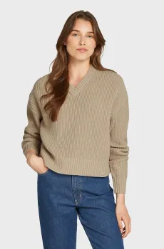 Женский бежевый шерстяной пуловер CHUNKY V-NECK SWEATER Бежевый S Calvin Klein Jeans J20J224635