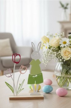 Великодня стояча прикраса із зайцем і тюльпанами - різнобарвний