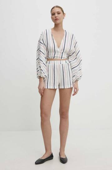 Льняные шорты Answear Lab цвет белый с узором высокая посадка Льняные шорты Answear Lab цвет белый с узором высокая посадка