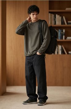 Бавовняна футболка comfort fit з довгим рукавом і стопером - хакі