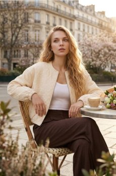 Жакардова бомбер куртка з вишитими квітами - нюдовий