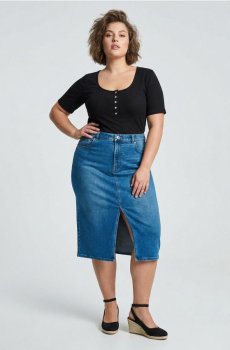 Джинсова міді-спідниця з розрізом Plus size - синій