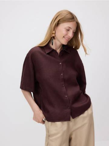 Reserved - Лляна сорочка з короткими рукавами - темно коричневий - SU339-89X