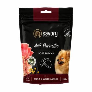 Лакомство для собак Savory Anti-Parasitic Soft Snacks Tuna & Wild Garlic с тунцом и диким чесноком, 200 г Лакомство для собак Savory Anti-Parasitic Soft Snacks Tuna & Wild Garlic с тунцом и диким чесноком, 200 г