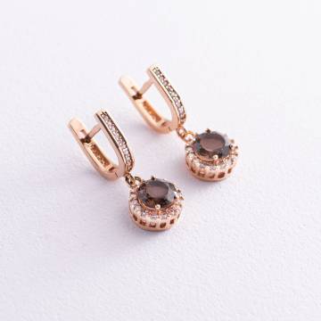 Золотые серьги (дымчатый кварц, фианиты) с01494 Золотые серьги (дымчатый кварц, фианиты) с01494