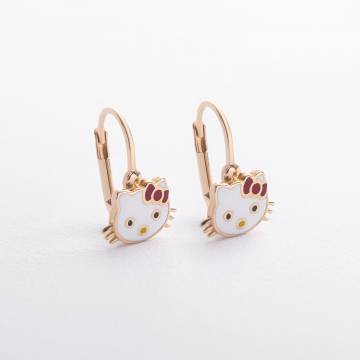 Детские золотые серьги "Hello Kitty" с эмалью с03212 Детские золотые серьги "Hello Kitty" с эмалью с03212