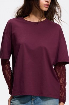 Reserved - Лонгслів oversize з мереживом - буряковий - 939KE-83X