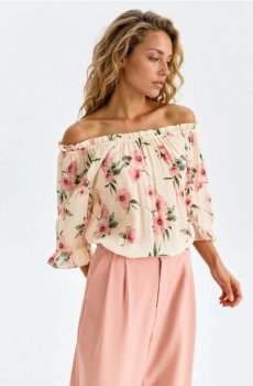 Віскозна блуза з воланами і квітковим принтом - різнобарвний