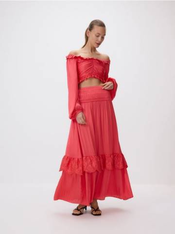 Reserved - Спідниця максі з вишивкою - кораловий - 616HD-32X