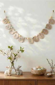 Дерев’яна великодня гірлянда з написом Happy Easter - різнобарвний