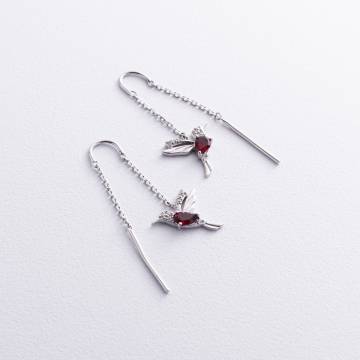 Серебряные серьги - протяжки "Колибри" (фианиты, пироп) GS-02-189-4110 Серебряные серьги - протяжки "Колибри" (фианиты, пироп) GS-02-189-4110