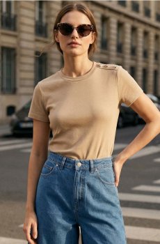 Бавовняна блузка з коротким рукавом - бежевий