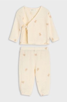 Бавовняний комплект: кофтинка на запах і штани з мотивом ведмедиків - кремовий