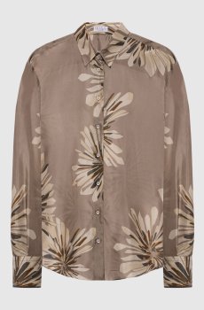 Блуза цвета хаки из шелка в принт