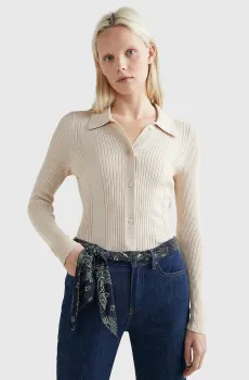 Женский белый шерстяной кардиган FITTED RIBS POLO SHIRT SWEATER Белый XS Tommy Hilfiger WW0WW37342
