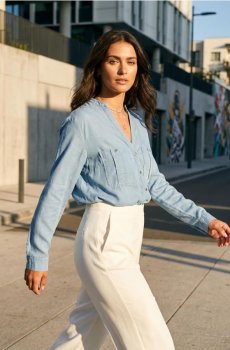 Сорочка зі змішаною тканиною з льоном - синій