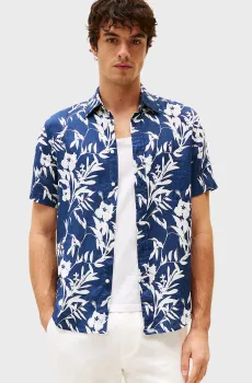 Мужская темно-синяя льняная рубашка с узором TROPICAL Синий M Tommy Hilfiger MW0MW38586
