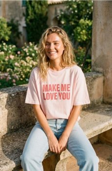 Бавовняна футболка з написом - пастельний рожевий