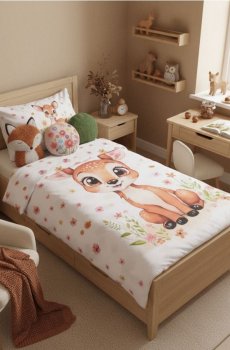 Комплект бавовняної постільної білизни з принтом оленя - білий