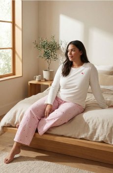 Бавовняна двочастинна піжама з принтом - кремовий