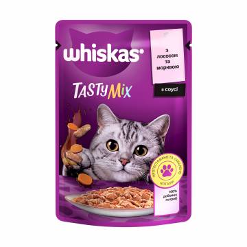 Влажный корм для взрослых кошек Whiskas Tasty Mix с лососем и морковью в соусе, 85 г Влажный корм для взрослых кошек Whiskas Tasty Mix с лососем и морковью в соусе, 85 г