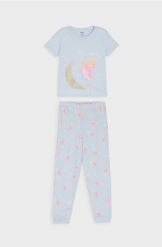 Бавовняна двочастинна піжама з принтом - блакитний
