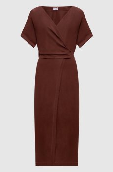 Коричневое платье на запах со льном