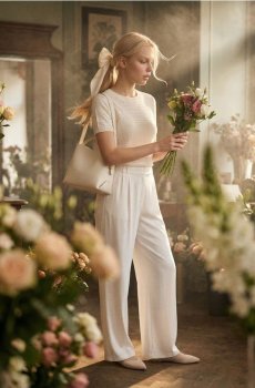 Трикотажна блузка з ажурним візерунком і домішкою льону - кремовий