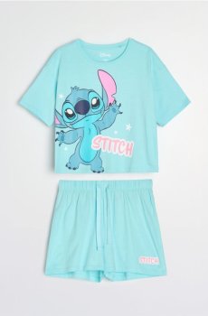 Бавовняна двочастинна піжама з принтом Stitch - блідо-зелений