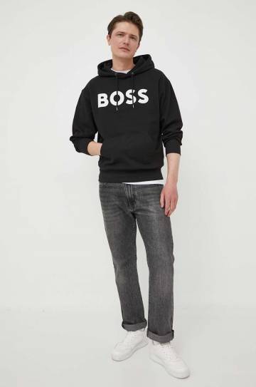 Хлопковая кофта BOSS BOSS ORANGE мужская цвет чёрный с капюшоном с принтом Хлопковая кофта BOSS BOSS ORANGE мужская цвет чёрный с капюшоном с принтом
