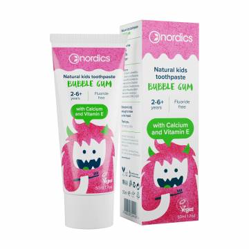 Детская зубная паста Nordics Kids Bubble Gum без фтора, с кальцием и витамином E, от 2 до 6 лет, 50 мл Детская зубная паста Nordics Kids Bubble Gum без фтора, с кальцием и витамином E, от 2 до 6 лет, 50 мл