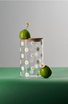 Скляний контейнер для їжі з бамбуковою кришкою з квітковим принтом - clear