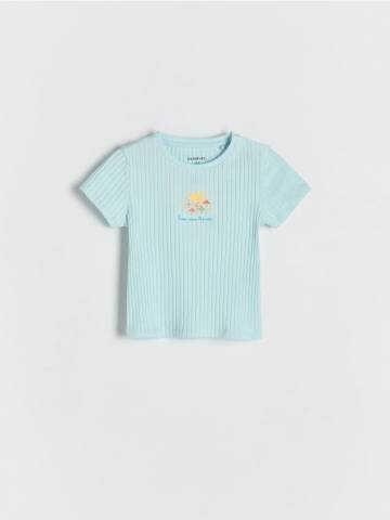 Reserved - Футболка в рубчик з вишивкою - блідо-блакитний - 383EC-05X