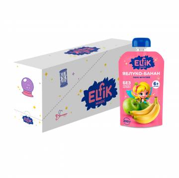 Упаковка Детское фруктовое пюре Elfik Magic Яблоко-банан, без добавленного сахара, от 6 месяцев, 12*200 г Упаковка Детское фруктовое пюре Elfik Magic Яблоко-банан, без добавленного сахара, от 6 месяцев, 12*200 г