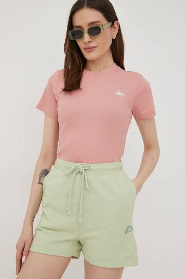 Хлопковые шорты Ellesse женские цвет зелёный однотонные высокая посадка SGM14159-PINK Хлопковые шорты Ellesse женские цвет зелёный однотонные высокая посадка SGM14159-PINK