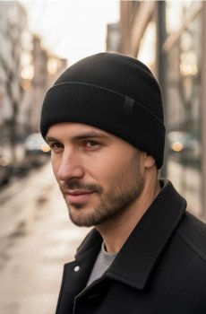 Ребриста шапка зі сумішшю вовни - чорний
