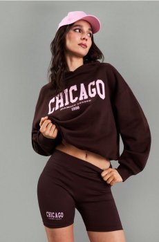 Бавовняне худі з написом "Chicago" - темно коричневий